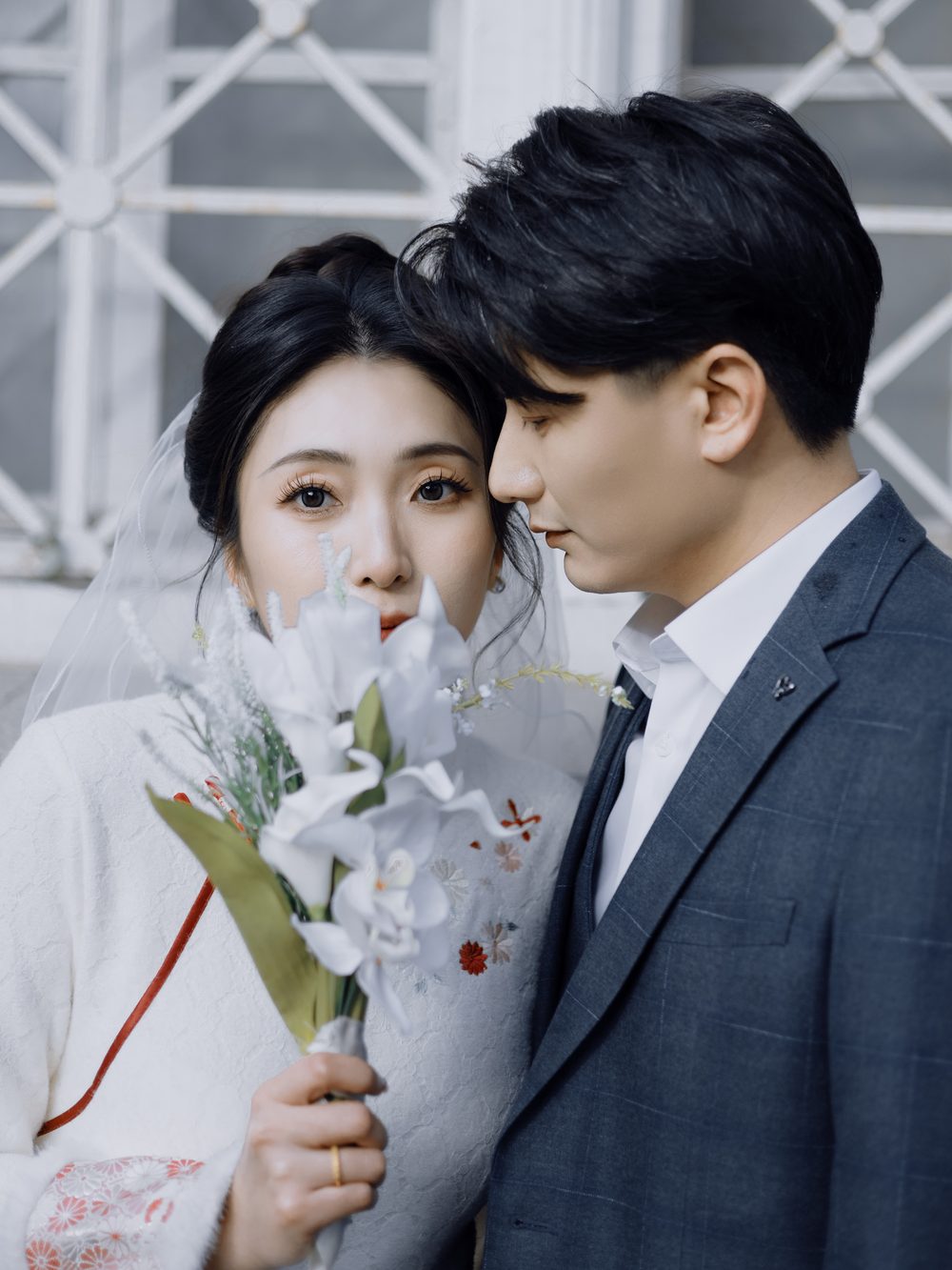 Wedding couple with a bouquet